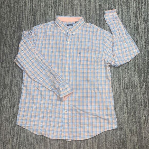 Izod Mens Size XL‎ Button Front Shirt Orange Blue Plaid Long Sleeve 100% Cotton - Picture 1 of 6
